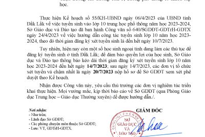 Công văn 1135 của Sở Giáo dục và Đào Tạo Đắk Lắk về kéo dài thời gian tuyển sinh vào lớp 10 năm học 2023-2024